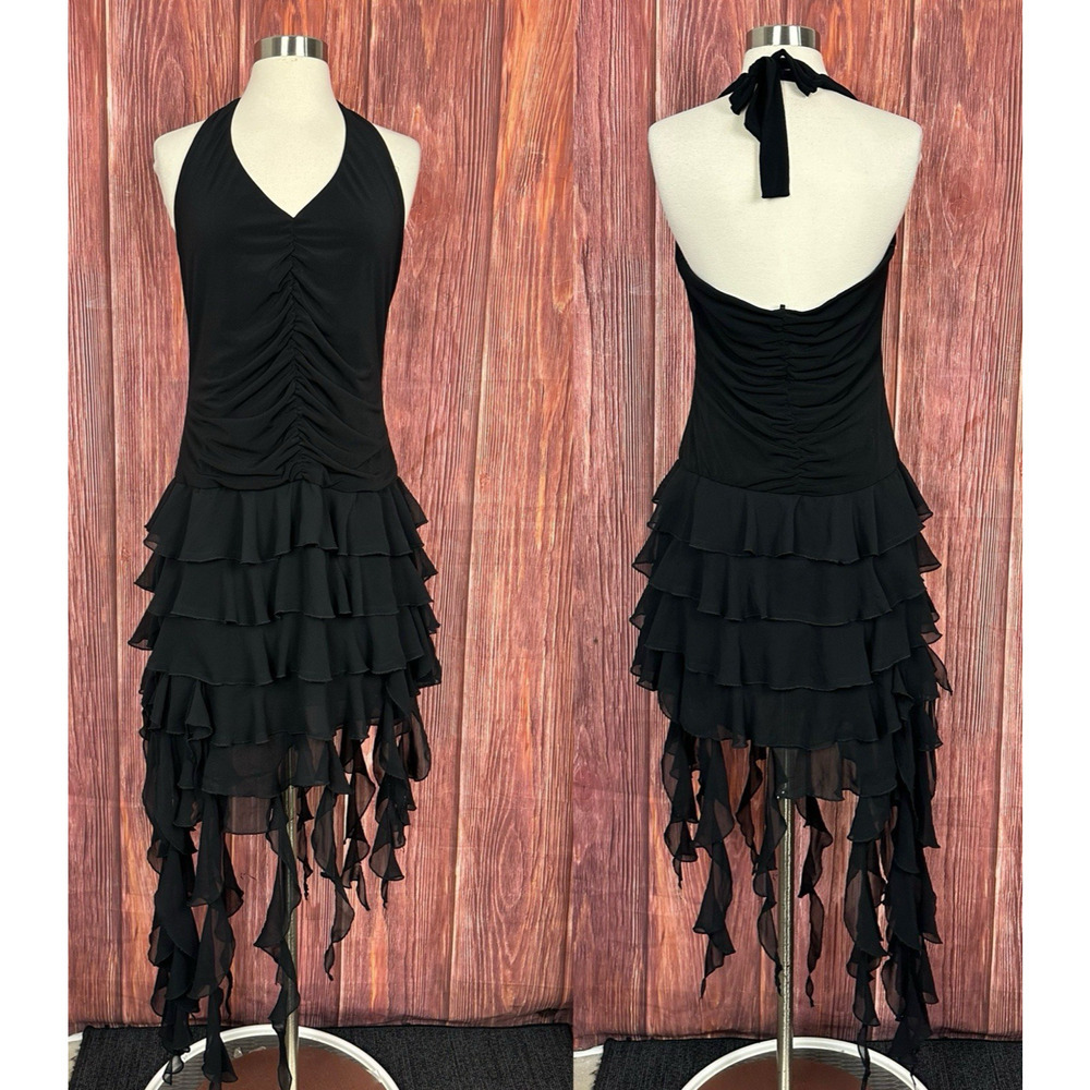 Betsy & Adam Y2K Ruffle Dress Black Mermaid Ruched Mini Dress Halter Neck Sz 14
